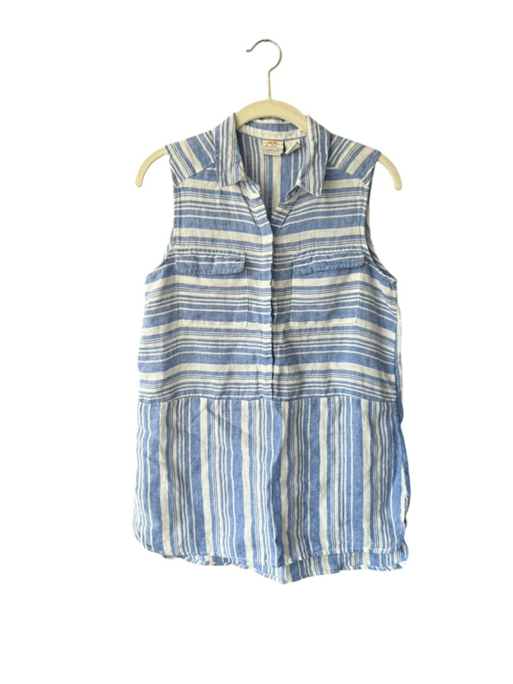Women’s Linen Sleeveless Blue White Striped Polo Collared Blouse Top Size Small
